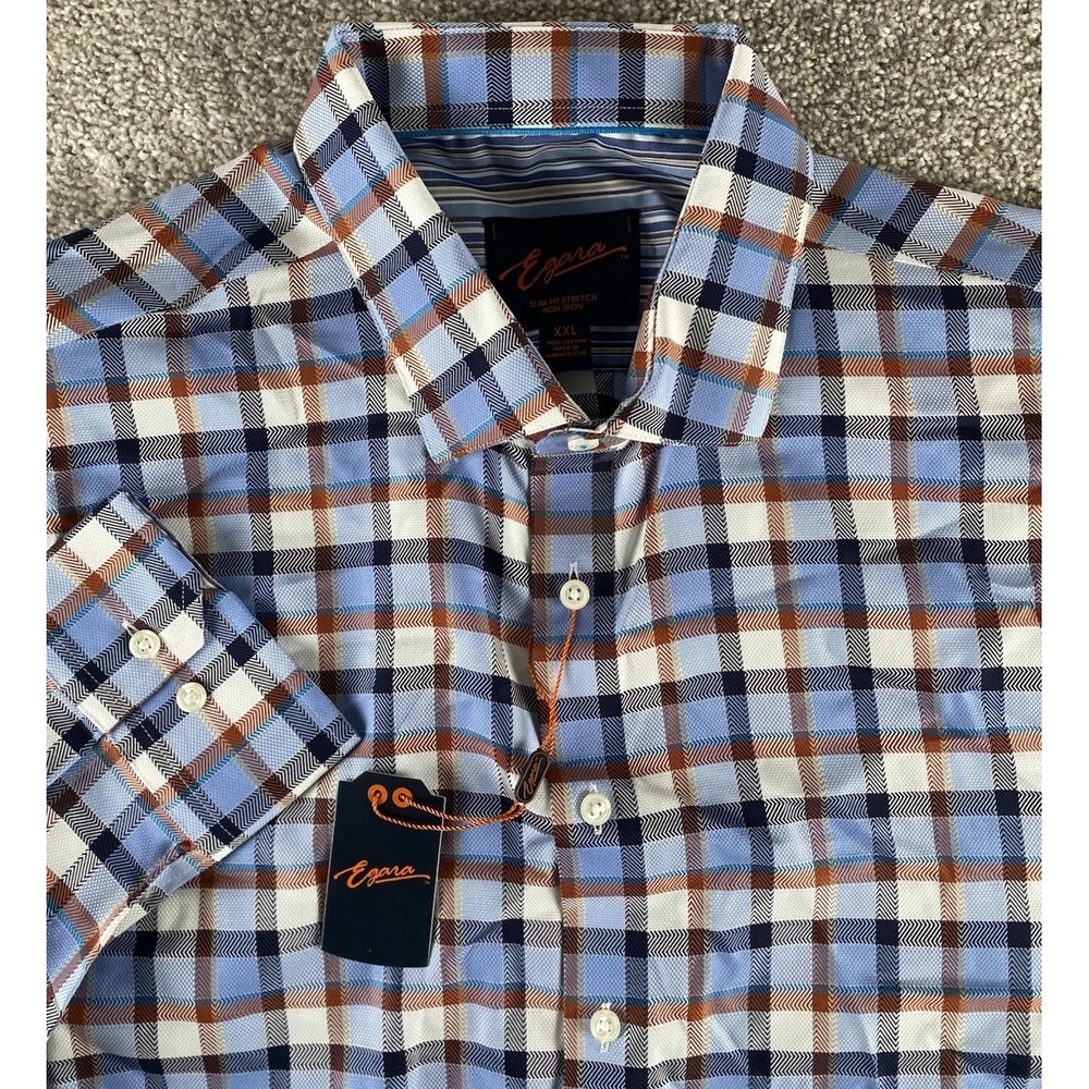 Egara‎ Men's Slim Fit Stretch Non Iron Button Front Shirt XXL NWT Colorful Plaid